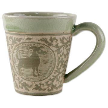 Novica Thai Zodiac Dog Celadon Ceramic Mug