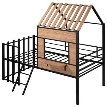 Gewnee Metal Twin size Loft Bed with Roof, Window, Guardrail, Ladder in Black