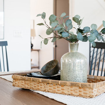 Mercury Glass Vase in Basket with Eucalyptus Leaves and Antique Farm Ladle
