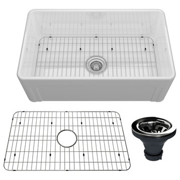 30in Single Bowl Farmhouse Apron Kitchen Sink with Bottom Grid and Strainers, 30