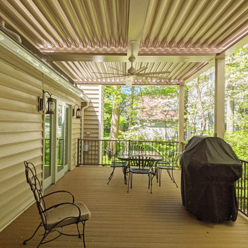 Struxture X Pergola, Sunroom, Westbury Rail Tuscany Bronze Azek Weathered Teak