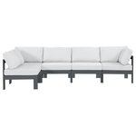Meridian Furniture - Nizuc Water Resistant Patio L-Shaped Modular Sectional, White, 5-Piece: 3 Armless Chair, 2 Corner Chair, Dark Gray Aluminum Frame - Pick and choose your favorites from the Nizuc collection to create a modular seating group the whole gang will enjoy. The sturdy aluminum frame provides dependable support for friends and family as they relax and unwind, and the resilient white water resistant fabric stands up to the elements without losing its beautiful demeanor, so you can count on it lasting for the long haul. Latches beneath these seating pieces help you easily attach them to one another for convenient setup.