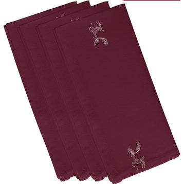 Deer Crossing, Holiday Animal Print Napkin, Cranberry And Burgundy, Set of 4