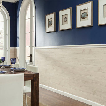 Dining Room in Blue and White with Whitewashed Pine Accent Planks