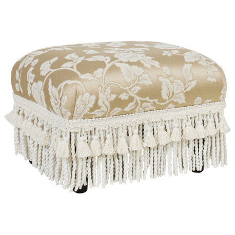 Fiona Accent Footstool Ottoman, Champagne Beige Floral Jacquard