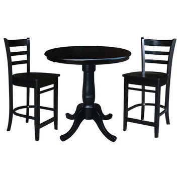 36" Round Solid Wood Counter Height Extension Table in Black & 2 Stools