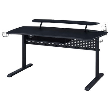 Modern Industrial Desk, Metal Frame With LED Lights & Keyboard Tray, Black