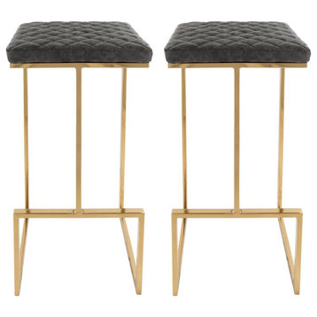 LeisureMod Quincy Leather Bar Stools With Gold Metal Frame Set of 2 Grey
