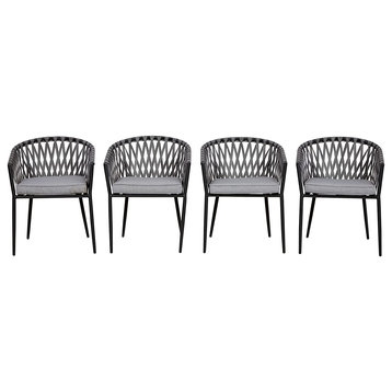 Set of 4 Outdoor Dining Chair, Curved Crossed Patterned Back and Gray Cushion