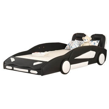 Twin Size Race Car-Shaped Platform Bed with Wheels(No mattress), Black
