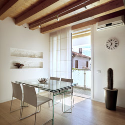Panel Track Blinds | Modern Dining Room | White| Exposed Wood Beams - Vertical Blinds