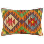 Bareens Designer Rugs - Turkish Boho Chic Jolly Hand Woven Kilim Pillow - Embellish your home with this timeless casual chic handmade Southwestern Kilim throw pillow covers made with wool and cotton. Constructed on a loom by Nomad Turkman people with hand spun wool and Natural Vegetable dyes these beautiful Kilim pillow covers are known for their beautiful repetitive geometrical, naturalistic floral and traditional patterns yet still giving it a moden look. Masterfully artisan-crafted on traditional Kilim looms with a contemporary fashion palette producing bold intricate sharp patterns making them a standout piece in any decor.