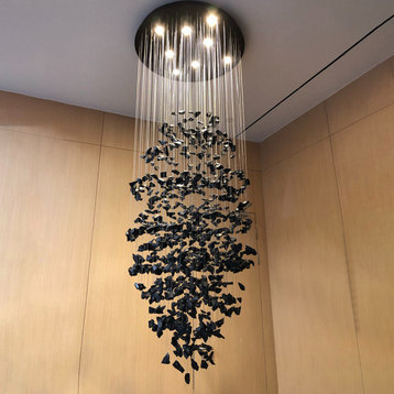 Le Port | Floating Luxury Crystal Chandelier With Decorative Stones, Black, Dia31.4xh98.4", Cool Light