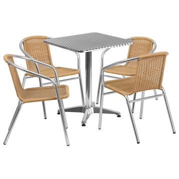 5 Pieces Patio Dining Set, Square Table and Chairs With Curved Back, Beige