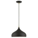 Livex Lighting - Amador 1 Light Textured Black With Antique Brass Accents Pendant - The Amador one light pendant features a modern, minimal look. It is shown in a chic textured black finish shade with a textured white finish inside and antique brass finish accents.