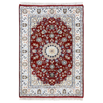 Nain 250 KPSI Wool and Silk Hand Knotted Cherry Red Oriental Mat Rug, 2' x 3'3"