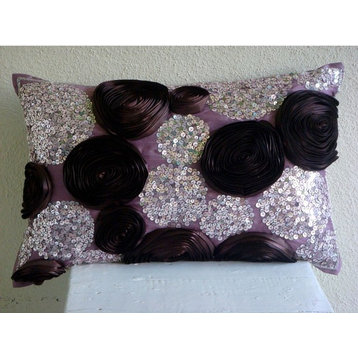 Purple Art Silk 12"x14" Ribbon Rose Flower Decorative Pillows Cover, Wine Roses
