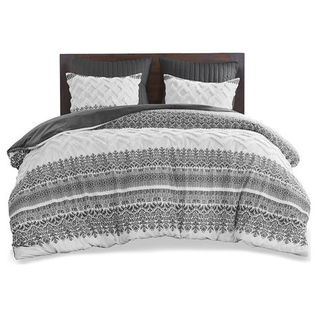 INK+IVY Mila Cotton Farmhouse 3-Piece, Gray, Full/Queen, Duvet Cover Set