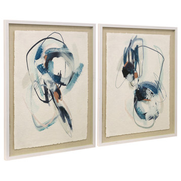 Tender Blue Shadow Box Abstract Wall Art, Deckled Paper, White Frame, Set of 2