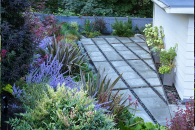 Photo of an expansive midcentury backyard partial sun xeriscape in Seattle with concrete pavers and a wood fence.