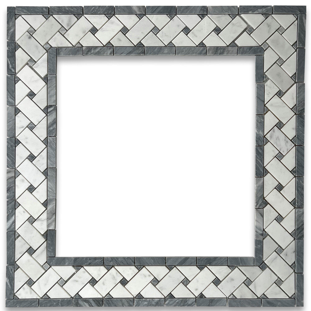 Carrara Venato Marble Basketweave Mosaic Border Dark Gray Dots Honed, 1 sheet