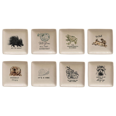 5 Inches Square Stoneware Dish With Animal and Text Prints, Cream, Set of 8