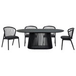 Armen Living - Pasadena Echo 5-Piece Oval Dining Set, Black Oak Finish Black Faux Leather - Enhance your dining space with the Pasadena Echo 5 Piece Oval Dining Set. This 5-piece dining set includes 1 Pasadena oval dining table and 4 Echo dining chairs with faux leather upholstery. The versatile chairs merge style and functionality, making them a perfect addition to your dining room, kitchen, accent, or vanity chairs. Crafted with precision and a keen eye for detail, the Echo dining chairs showcase a stunning combination of solid wood and easily maintained faux leather upholstery. The Windsor style chair back and angular frame creates a timeless silhouette. This modern design not only guarantees durability but also imparts a timeless aesthetic, making these chairs an ideal choice for those seeking a cohesive and refined furniture set. With a generous tabletop length of 79 inches and a width of 43 inches, this dining room table features a beautiful solid wood base and concrete bottom for added stability. The retro allure of mid-century design is present in the slatted pedestal base, further elevating its appeal, whilst lending its unmistakable character and attractive, architectural-like quality. This oval dining set can be used in formal or casual dining settings. The Pasadena Echo dining set is available in an all-black finish with black faux leather upholstery, a black finish table with walnut chairs and black faux leather upholstery, or a black base table with walnut tabletop and chairs with black faux leather upholstery.