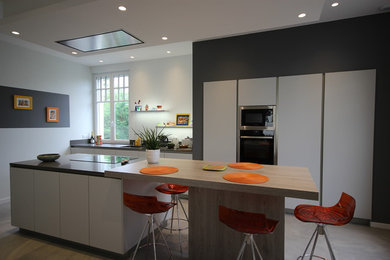 This is an example of a large transitional galley separate kitchen in Toulouse with an integrated sink, flat-panel cabinets, grey cabinets, quartzite benchtops, grey splashback, stainless steel appliances, ceramic floors, with island and grey floor.