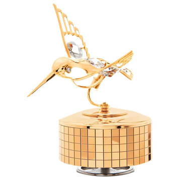 24K Gold Plated Music Box With Crystal Studded Hummingbird Figurine