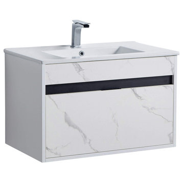 Alpine Wall Mount Bathroom Vanity and Sink, White Marble, 30"
