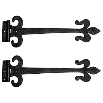 Black Wrought Iron Door Strap Hinge 18" L Fleur De Lis Rust Resistant Pack of 2