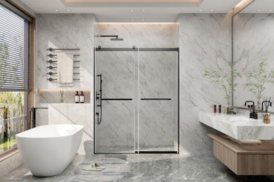 Inspiration for a modern master multicolored tile gray floor and single-sink bathroom remodel in Boston with open cabinets, light wood cabinets, white walls, an integrated sink, marble countertops, white countertops and a floating vanity