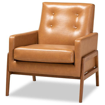 Perris Mid-Century Modern Tan Faux Leather Upholstered and Walnut Brown...