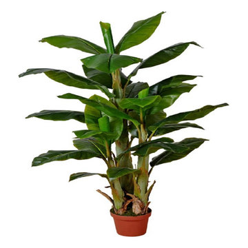 Large Faux Banana Tree in An Orange Plastic Pot, 16" Diameter & 65" Tall