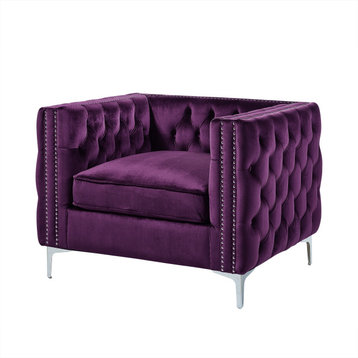 Jeannie Velvet 3-Seat Sofa Button Tufted with Metal Legs, Purple
