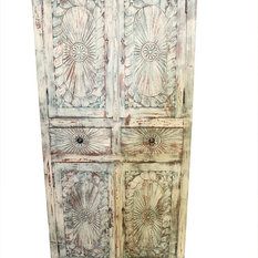 Mogul Interior - Consigned Antique Indian Armoire Beautiful Chakra Carving Rustic with drawers - Armoires and Wardrobes