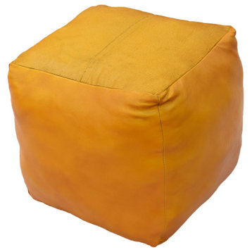 Solid Handmade Leather Pouf (Recycled Foam with Fibre Fill) PF12, Mustard, [Square) 14x14x14