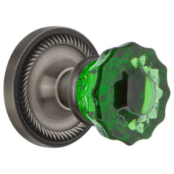 Rope Rosette Single Dummy Crystal Emerald Glass Knob, Antique Pewter