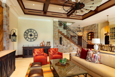Family room - mid-sized rustic white floor and coffered ceiling family room idea in Miami with a wall-mounted tv