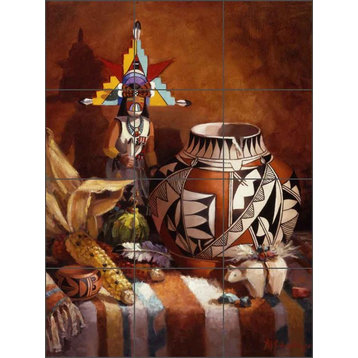 Ceramic Tile Mural Backsplash, Butterfly Kachina w Hopi Pot, 24"x32"