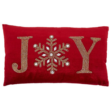 Poly Filled Beaded Throw Pillow With Joy Design, 12"x20", Red