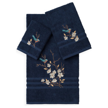 Linum Home Textiles Spring Time 3-Piece Embellished Towel Set, Midnight Blue