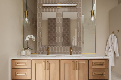 Transitional ceramic tile, beige floor and double-sink bathroom photo in Columbus with beige walls, an undermount sink, quartz countertops, white countertops, a floating vanity, recessed-panel cabinets and medium tone wood cabinets