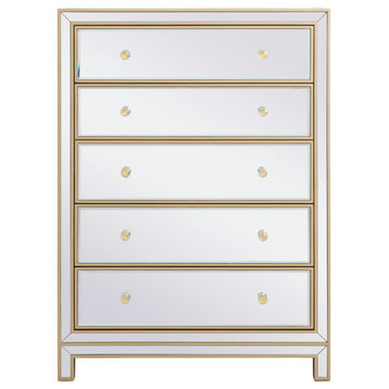 34" Mirrored Five Drawer Cabinet, Gold