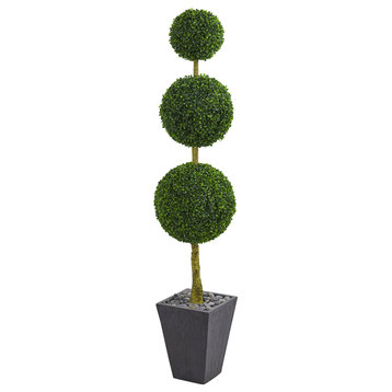 6' Boxwood Triple Ball Topiary Artificial Tree, Slate Planter, Indoor/Outdoor