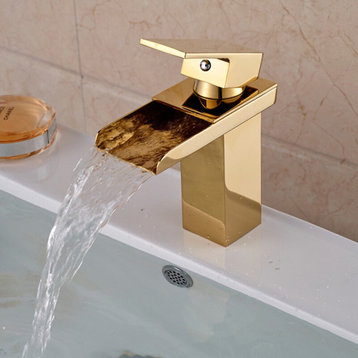 Chiasso Single Handle Waterfall Gold Deck Mounted Bathroom Faucet, 1