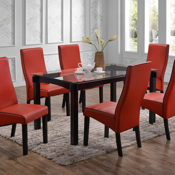 7 Piece Cappuccino Wood & Glass Kitchen Dinette Dining Table & 6 Red Upholstered