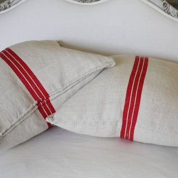 Vintage Red Stripe European Grainsack Pillows Pair