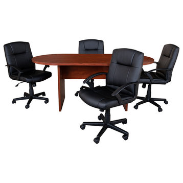 5 Piece Cherry Oval Conference Table with 4 Black LeatherSoft-Padded Task Chairs