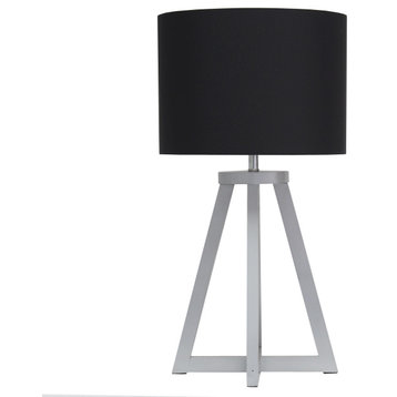 Interlocked Triangular Gray Wood Table Lamp with Black Fabric Shade